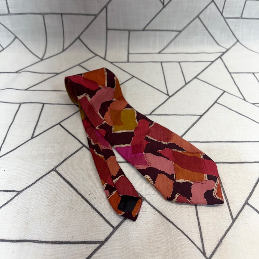 John Henry Silk Necktie OS Red Orange Abstract Geometric Patchwork Print